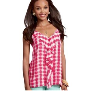 CAbi Amour Cami Lipstick Pink Ivory Ruffle Check Front Tank Top V-neck
